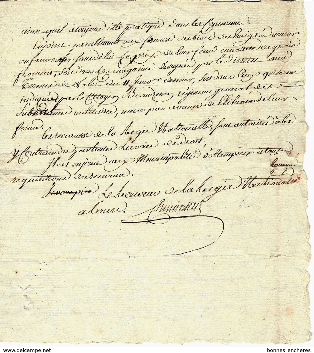 1793 REVOLUTION   LA "TERREUR" En TOURAINE TOURS => Veretz (Indre & Loire)  VIVRES AU PROFIT DE L ARMEE , MENACES .ETC . - Manuscrits