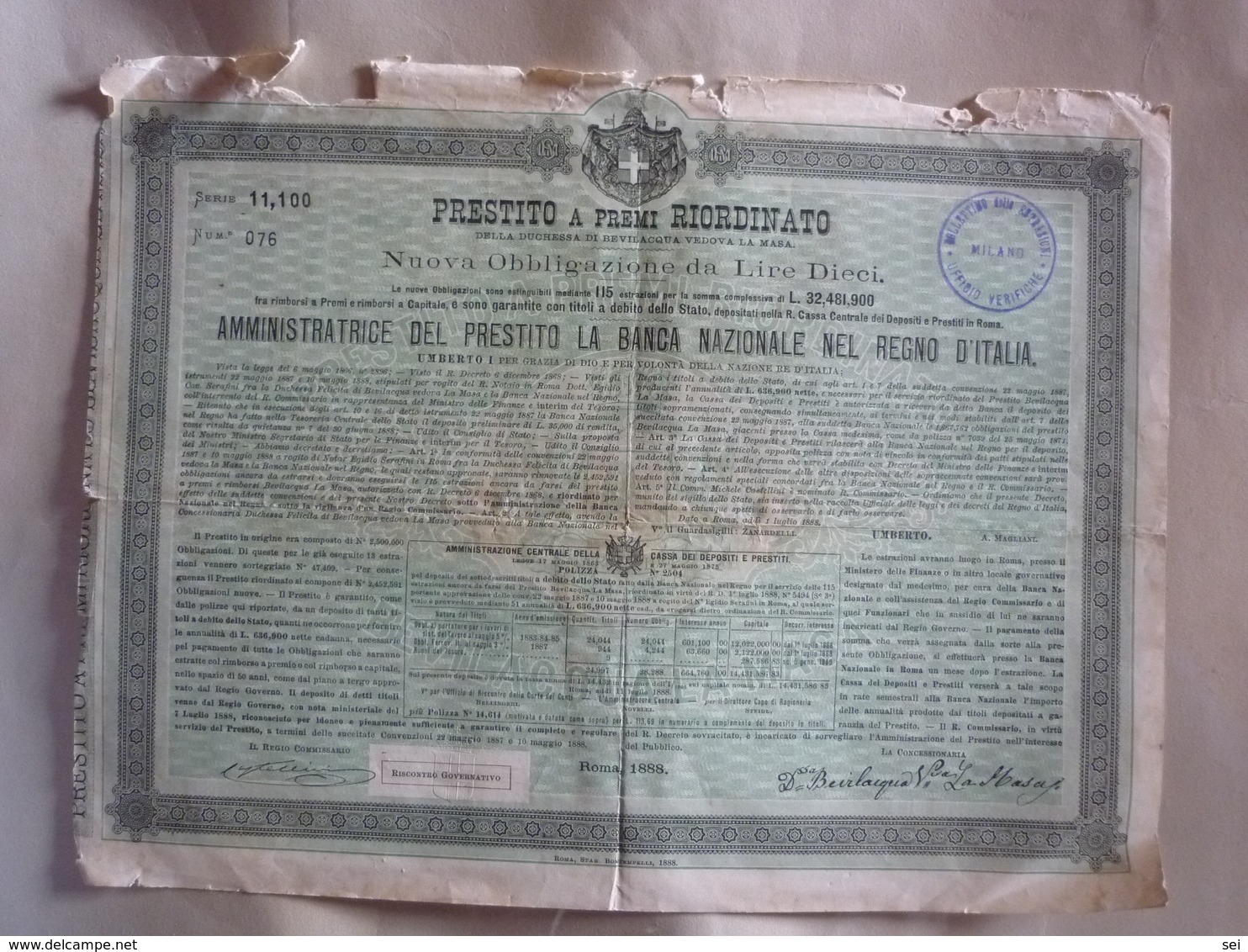 B 2173 - Scripofilia Prestito Duchessa Bevilacqua - Altri & Non Classificati