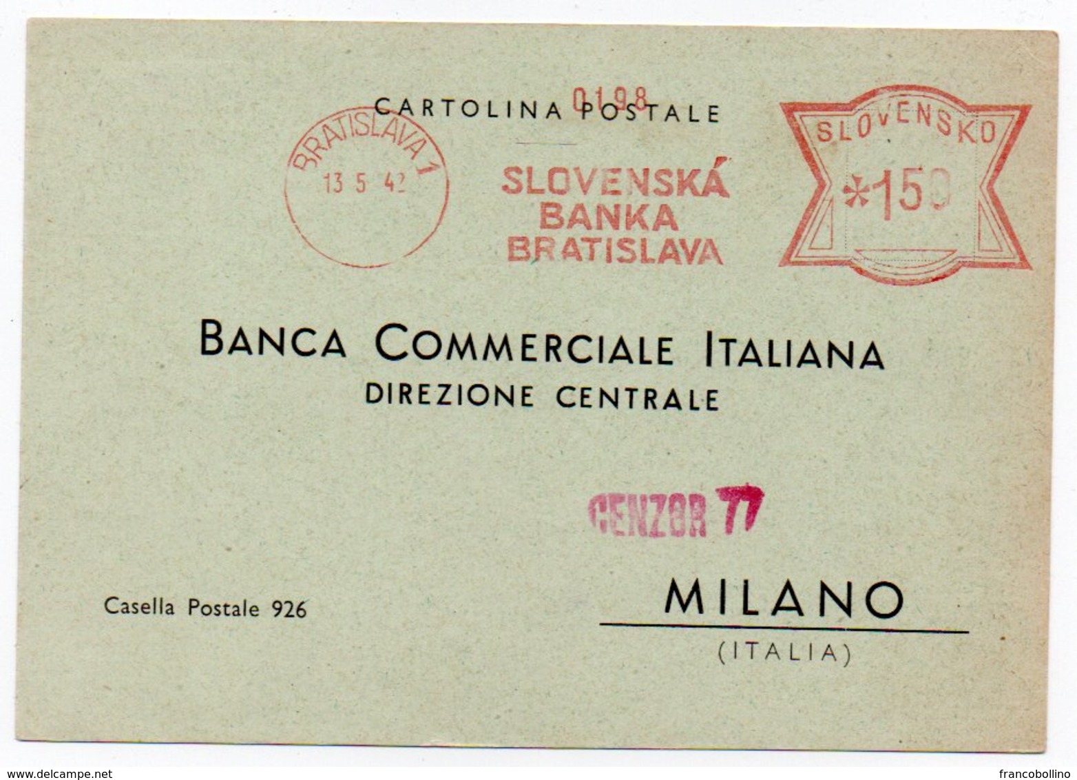 SLOVAKIA - SLOVENSKA BANKA BRATISLAVA 1942 - RED METER/EMA / CENSORED - Storia Postale