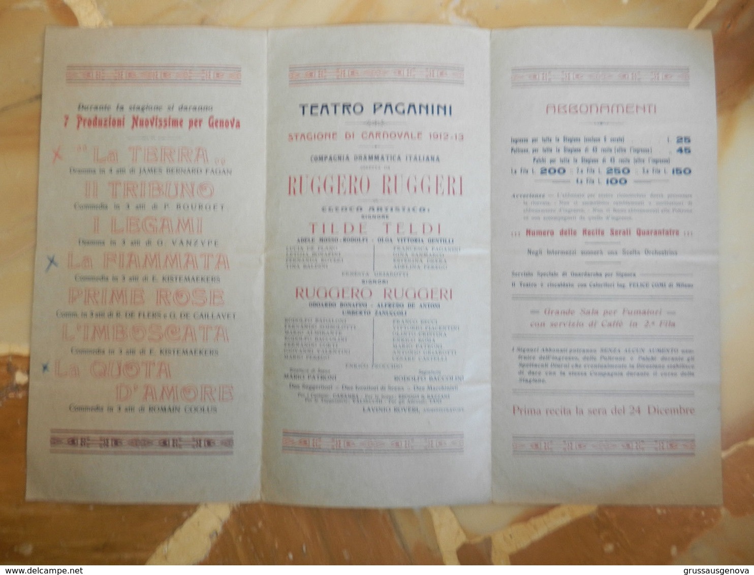 7a) Genova Teatro Paganini Stagione 1912/13 Abbonamenti E Spettacoli - Programmi