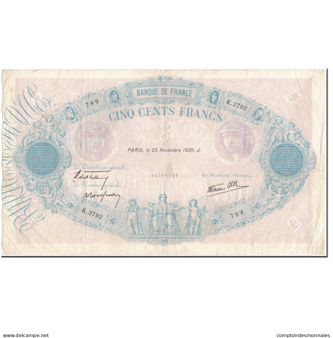 France, 500 Francs, 500 F 1888-1940 ''Bleu Et Rose'', 1939-11-23, TB+ - 500 F 1888-1940 ''Bleu Et Rose''