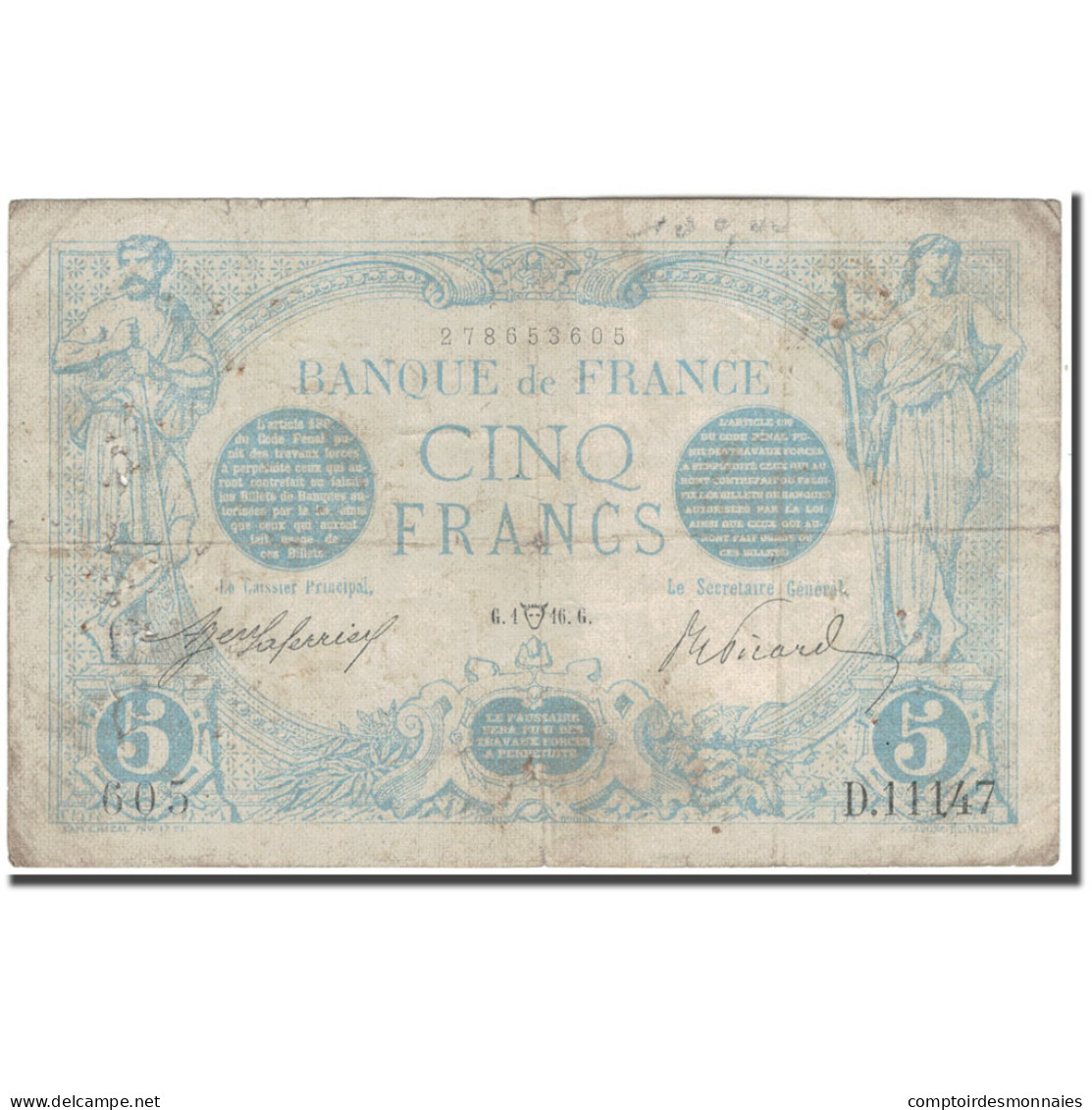 France, 5 Francs, 5 F 1912-1917 ''Bleu'', 1916-04-01, TB, Fayette:2.38, KM:70 - 5 F 1912-1917 ''Bleu''