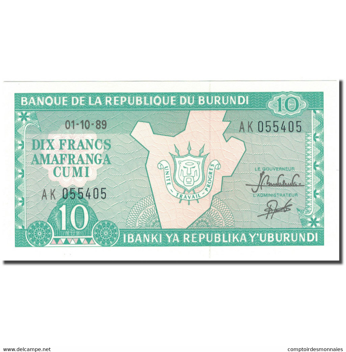 Billet, Burundi, 10 Francs, 1989-10-01, KM:33b, NEUF - Burundi