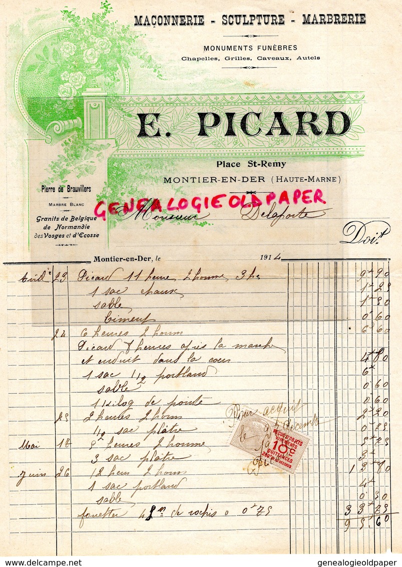 52- MONTIER EN DER- RARE FACTURE MANUSCRITE SIGNEE E. PICARD-PLACE ST REMY-MACON-MACONNERIE MARBRERIE-PIERRE BRAUVILLERS - Old Professions