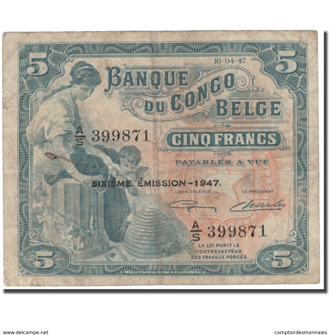 Billet, Congo Belge, 5 Francs, 1947-04-10, KM:13Ad, TB - République Du Congo (Congo-Brazzaville)