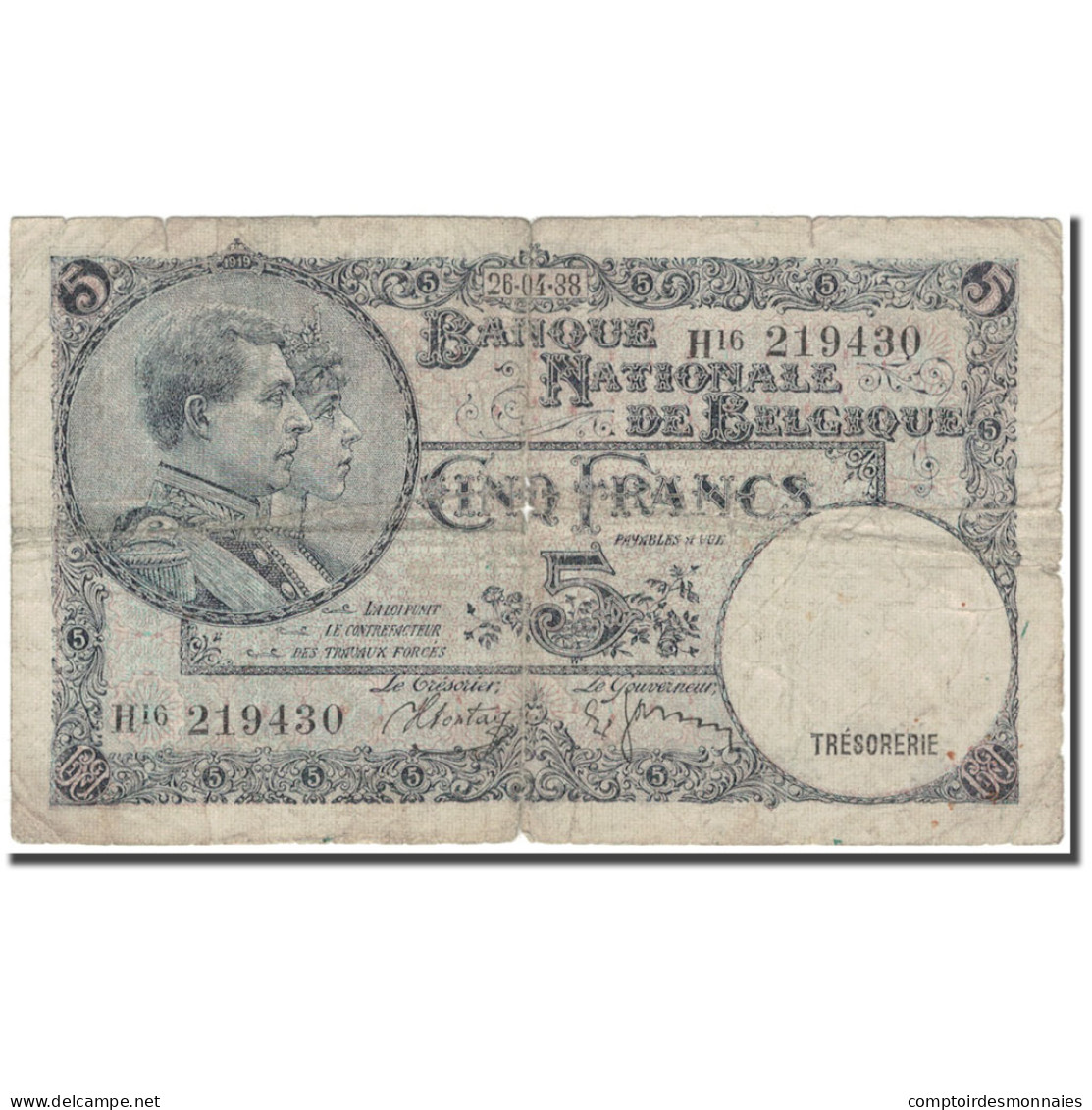 Billet, Belgique, 5 Francs, 1938-04-26, KM:108x, B - 5 Francs