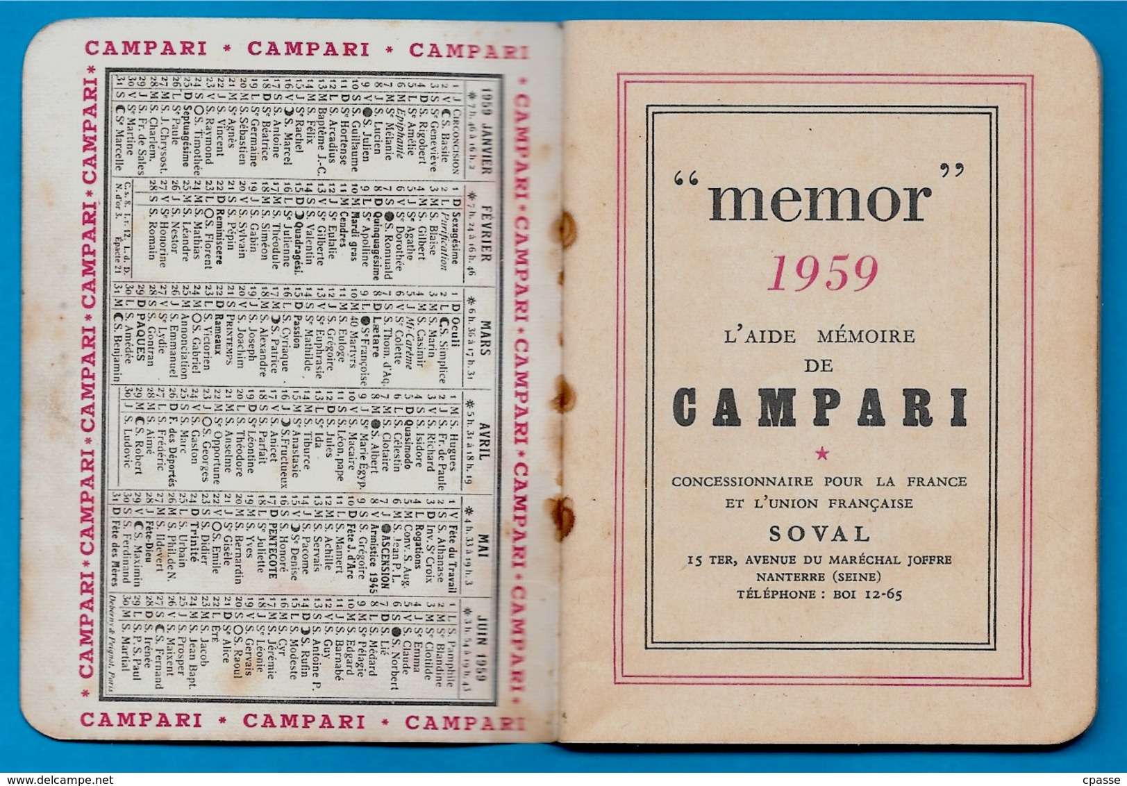 En L'état Calendrier Publicitaire CAMPARI Memento "Memor" 1959 - Autres & Non Classés