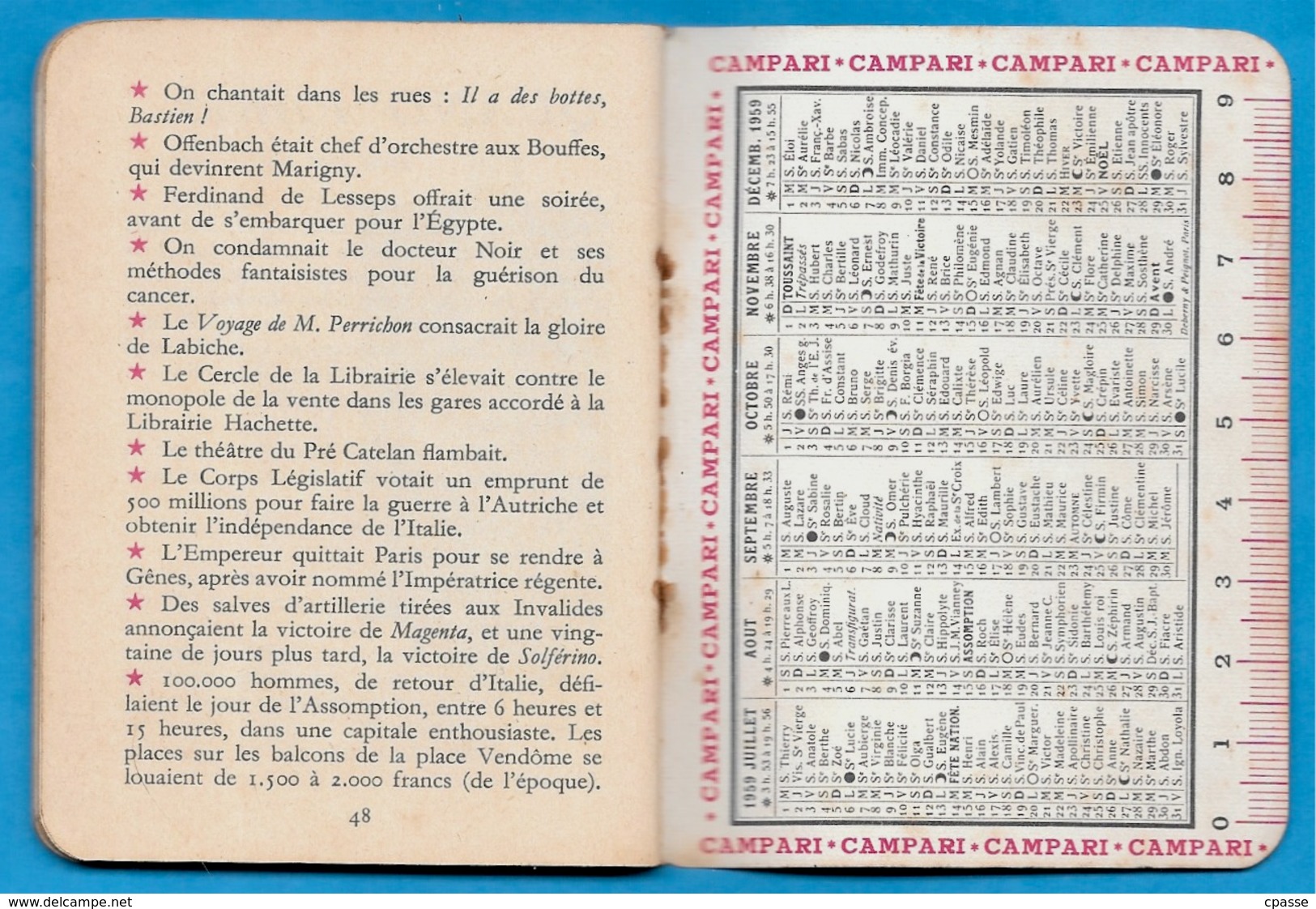 en l'état Calendrier Publicitaire CAMPARI Memento "Memor" 1959