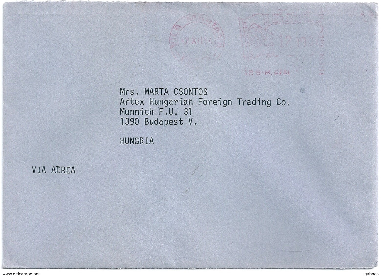 B2476 Brazil Post History Machine Stempel Letter To Budapest Hungary - Viñetas De Franqueo (Frama)