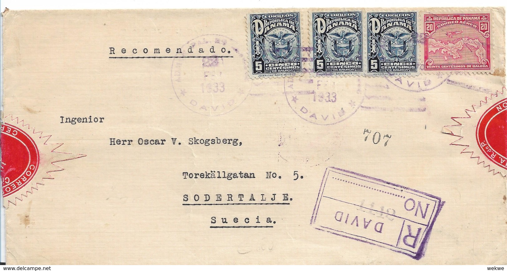 Panama XX002 / Brief Per Einschreiben 1933 Nach Sodertalje, Schweiz - Panamá