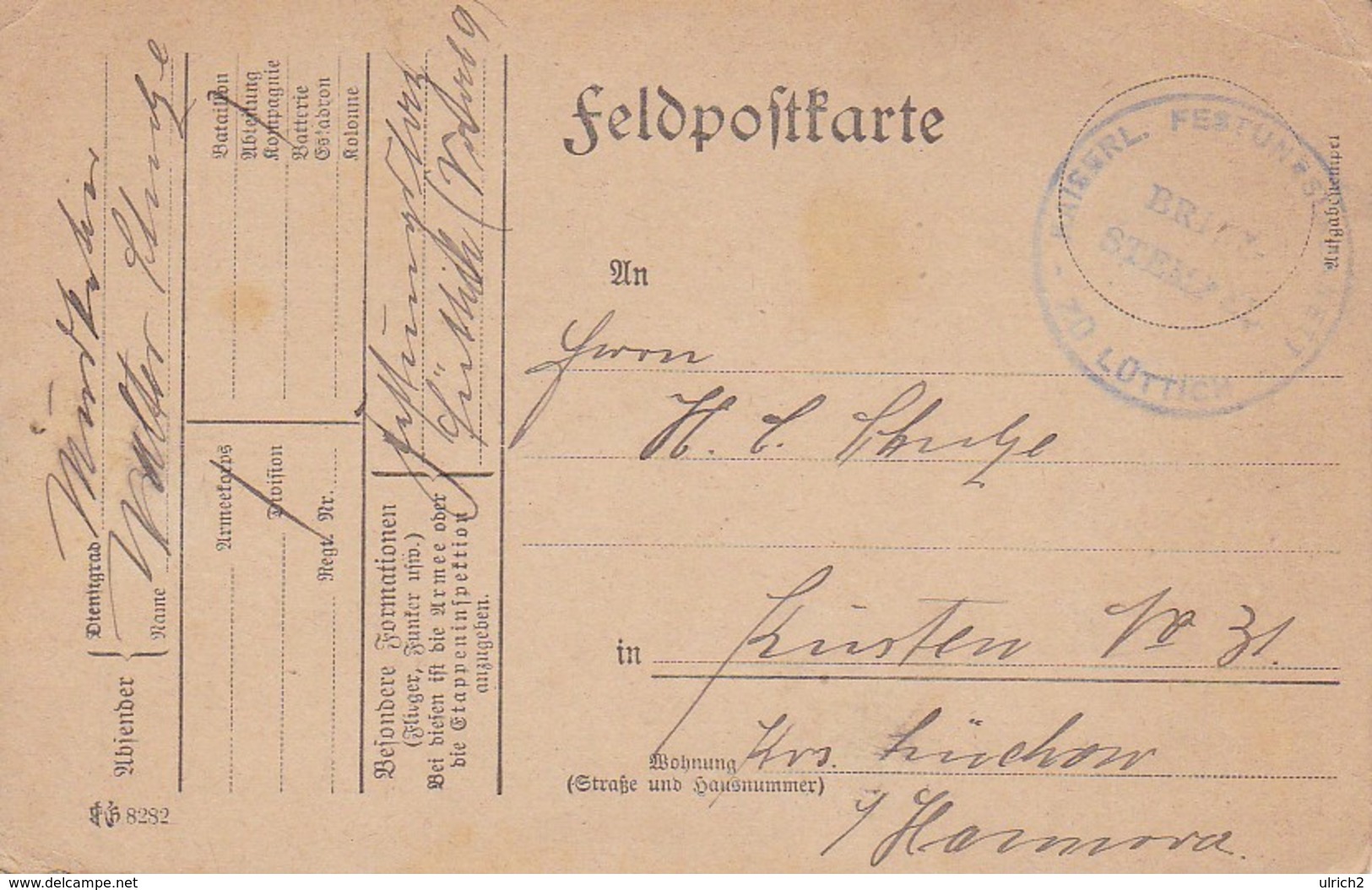 Feldpostkarte - Kaiserl. Festungslazarett Lüttich Nach Küsten, Kr. Lüchow - 1917 (37084) - Lettres & Documents