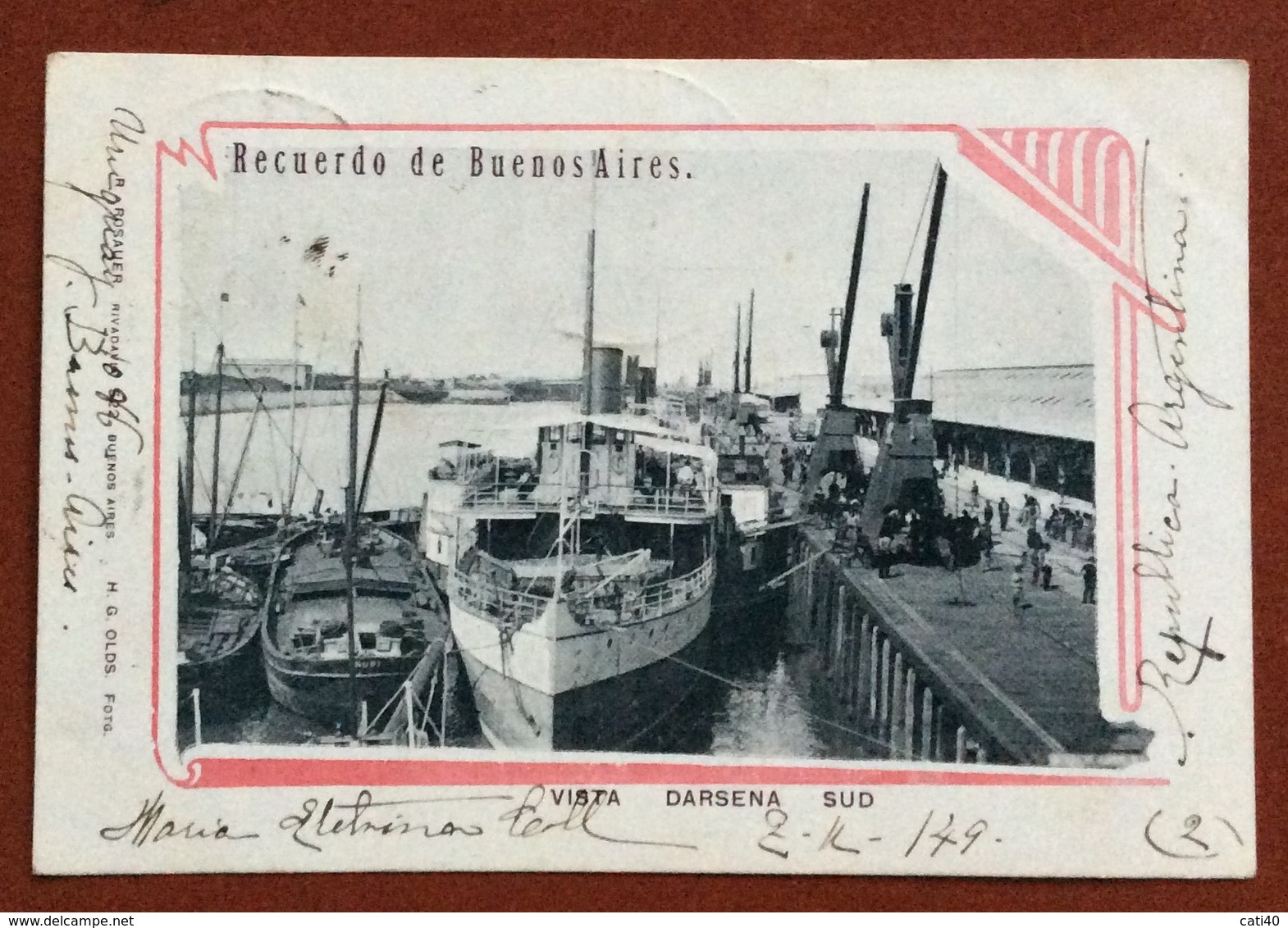 RECUERDO DE BUENOS AIRES  VISTA DARSENA SUD  CON PIROSCAFO  FROM ALTA GRACIA  TO RAVENNA ITALY   11/5/1902 - Argentina