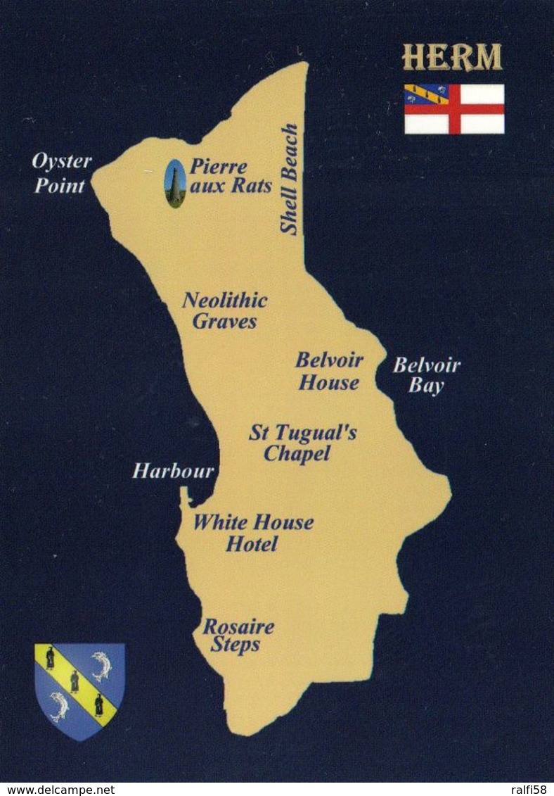 1 MAP Of Island Herm - Channel Islands * Ansichtskarte Mit Der Landkarte Der Insel Herm Mit Flagge Und Wappen * - Mapas