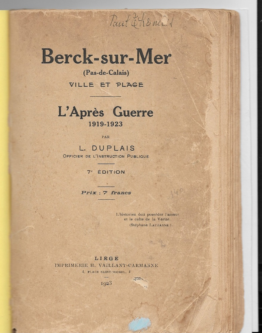 BERCK-sur-MER - L'après-guerre ( 1919-1923) Par Léonie DUPLAIS - - Edition De 1923 - Picardie - Nord-Pas-de-Calais