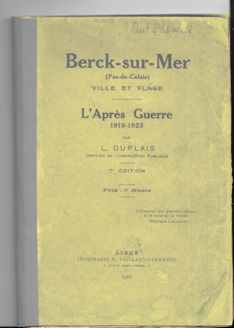 BERCK-sur-MER - L'après-guerre ( 1919-1923) Par Léonie DUPLAIS - - Edition De 1923 - Picardie - Nord-Pas-de-Calais