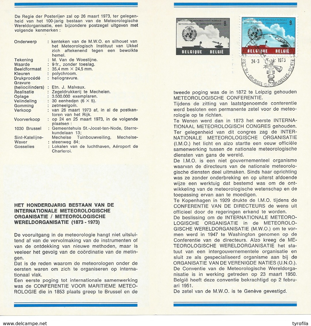 België   O.B.C.   Postfolder  Nr. 2  -  1973   1661    100 Jaar Meteorologie   Brussel-Bruxelles - Dépliants De La Poste