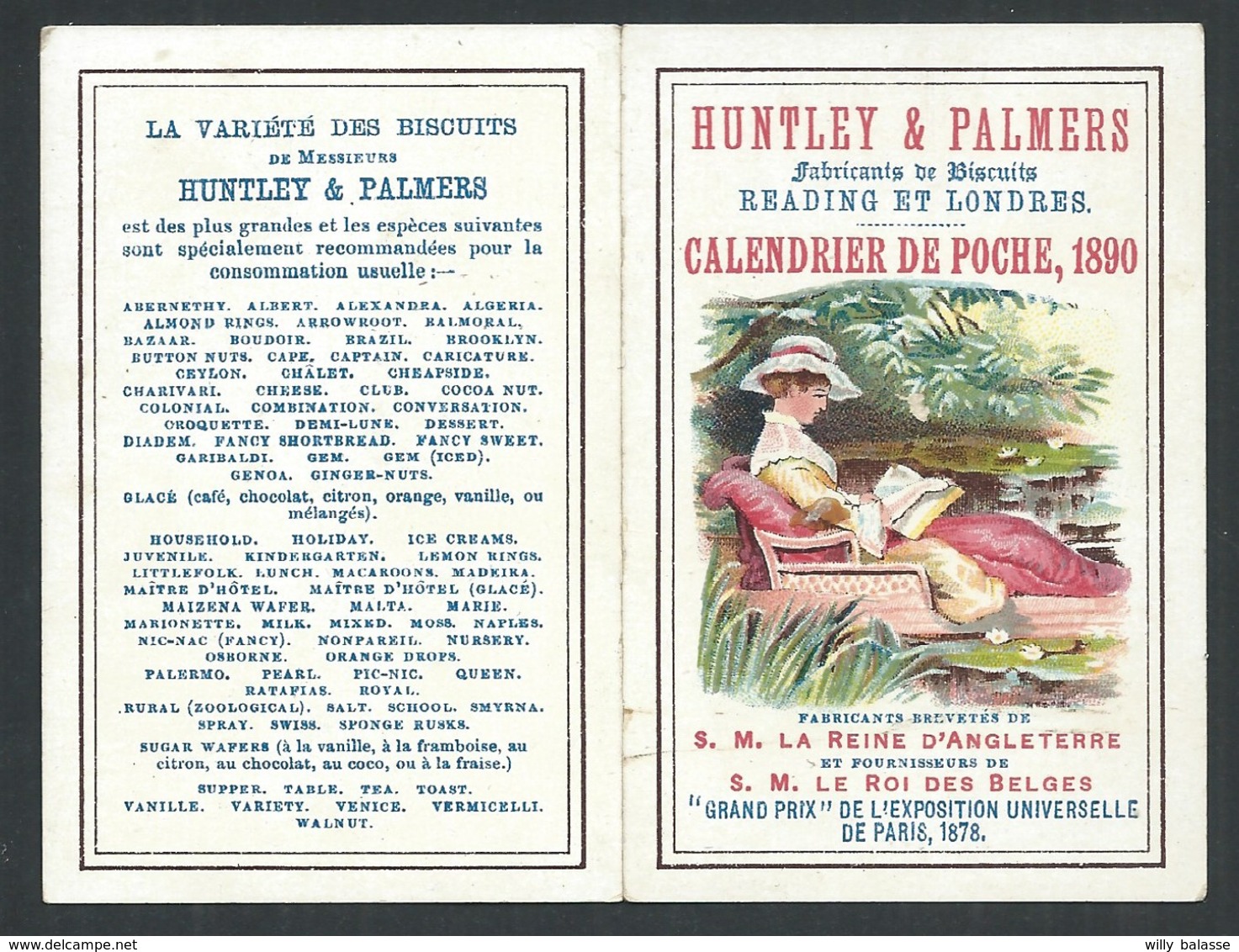 Calendrier Publicitaire Huntley Et Palmers Fabricant De Biscuits 1890  10,5 X 8 Cm - Petit Format : ...-1900
