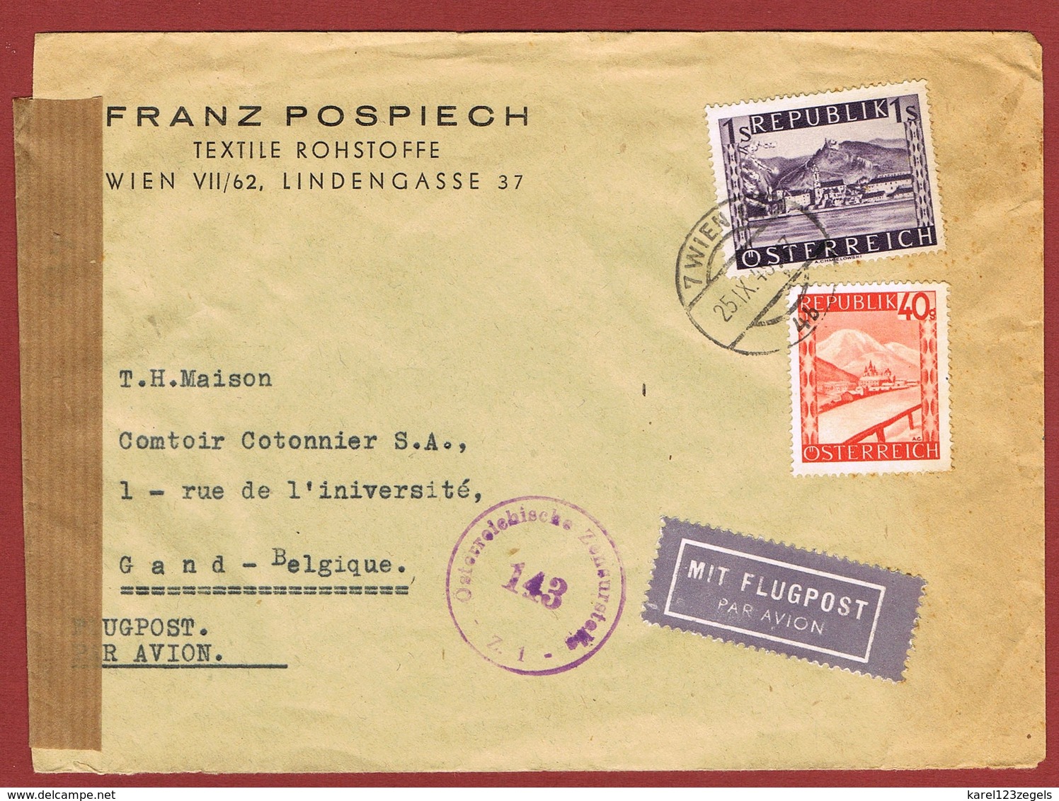 Luftpostbrief  25/9/1948 Nach Belgien 1.40 Sch - Briefe U. Dokumente