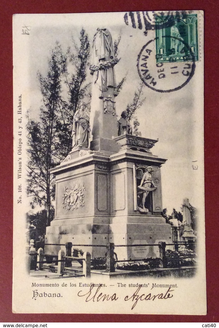 CUBA HAVANA MONUMENTO DE LOS ESTUDIENTES FROM HAVANA CUBA 11/12/1902 TO  RAVENNA ITALY - Altri & Non Classificati