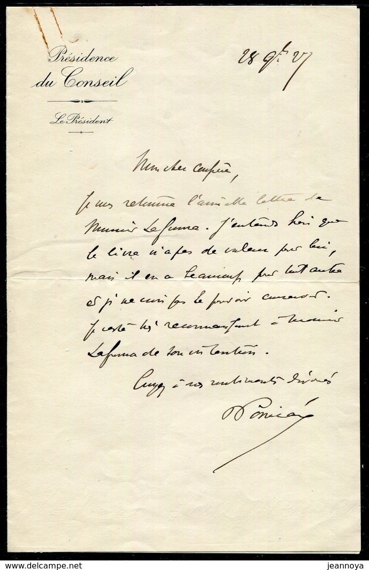 FRANCE - LETTRE MANUSCRITE DE R. POINCARÉ LE 28/11/1927, AVEC SIGNATURE - SUP - Autres & Non Classés