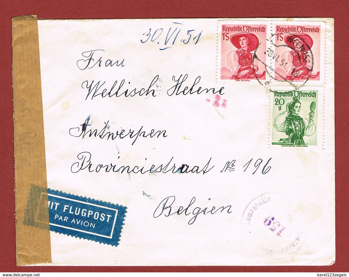 Luftpostbrief 28/6/1951 Nach Belgien 2.20 Sch - Briefe U. Dokumente