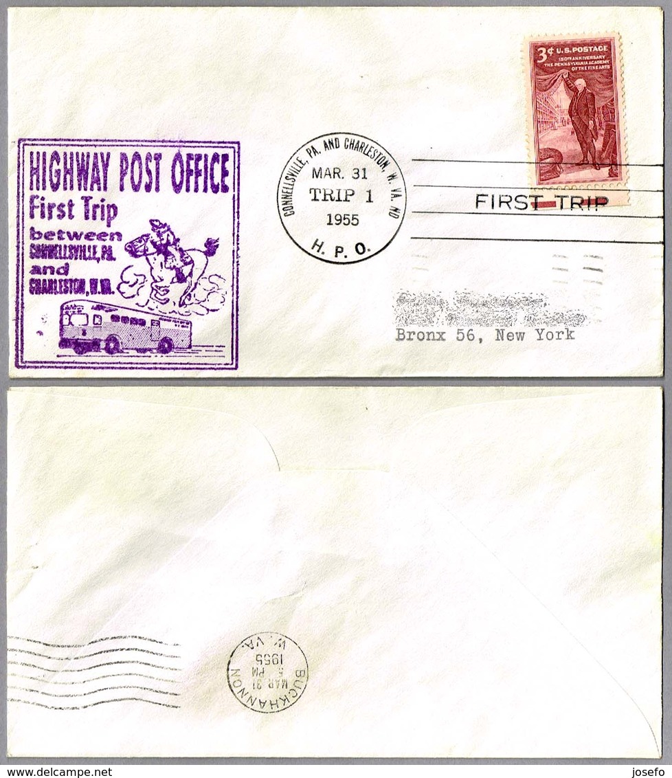 FIRST TRIP Highway Post Office: CONNELLSVILLE, PA & CHARLESTON WV 31 Marzo 1955 - Post