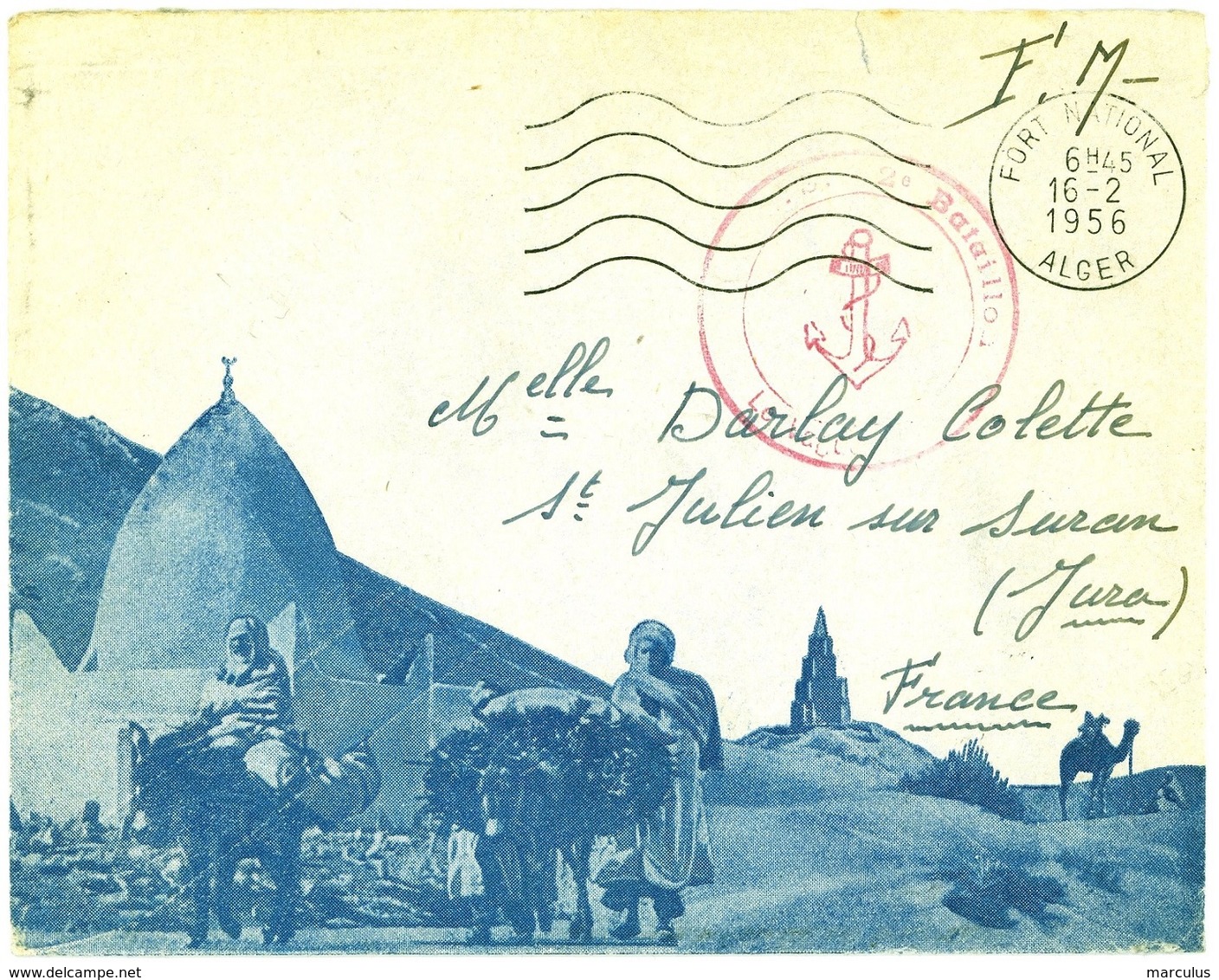 FORT NATIONAL ALGER  (Algérie) 1956 Oblit. Secap 5 Lo + Cachet 2e BATAILLON (Infanterie De Marine) - Storia Postale