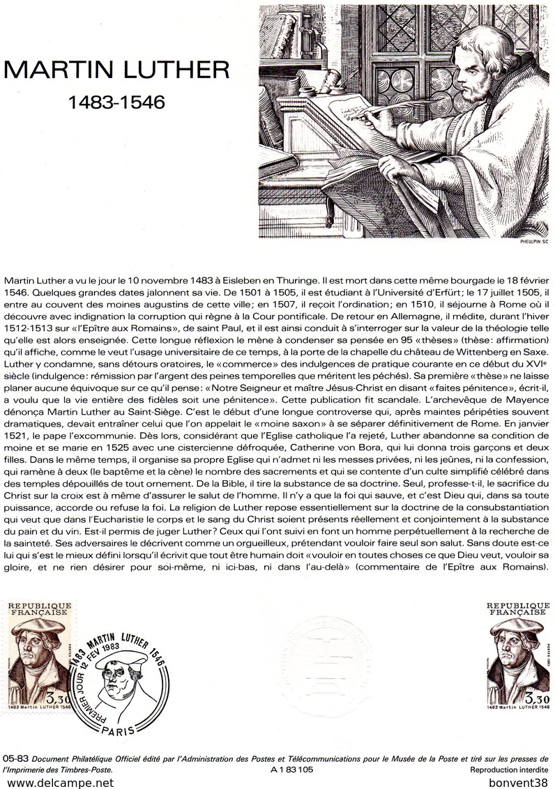 E2110 - Timbre 1er Jour - MARTIN LUTHER (1483-1546) - Document Philatélique Officiel - Theologians