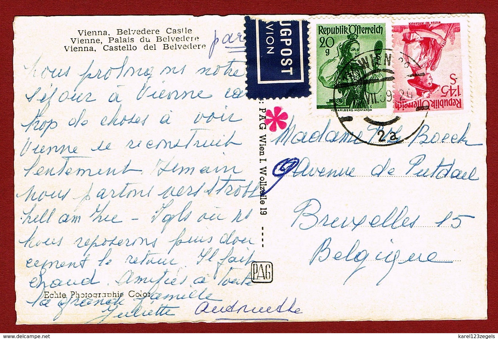 Postkarte Salzburg - Belgien 1.65 Sch. Mit Luftpostkostkrollstempel In Rot - Altri & Non Classificati