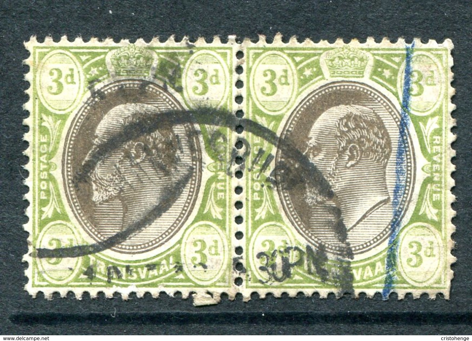 Transvaal - South Africa - 1904-09 KEVII - Wmk. Mult. Crown CA - 3d Black & Sage-green Pair Used (SG 264) - Transvaal (1870-1909)