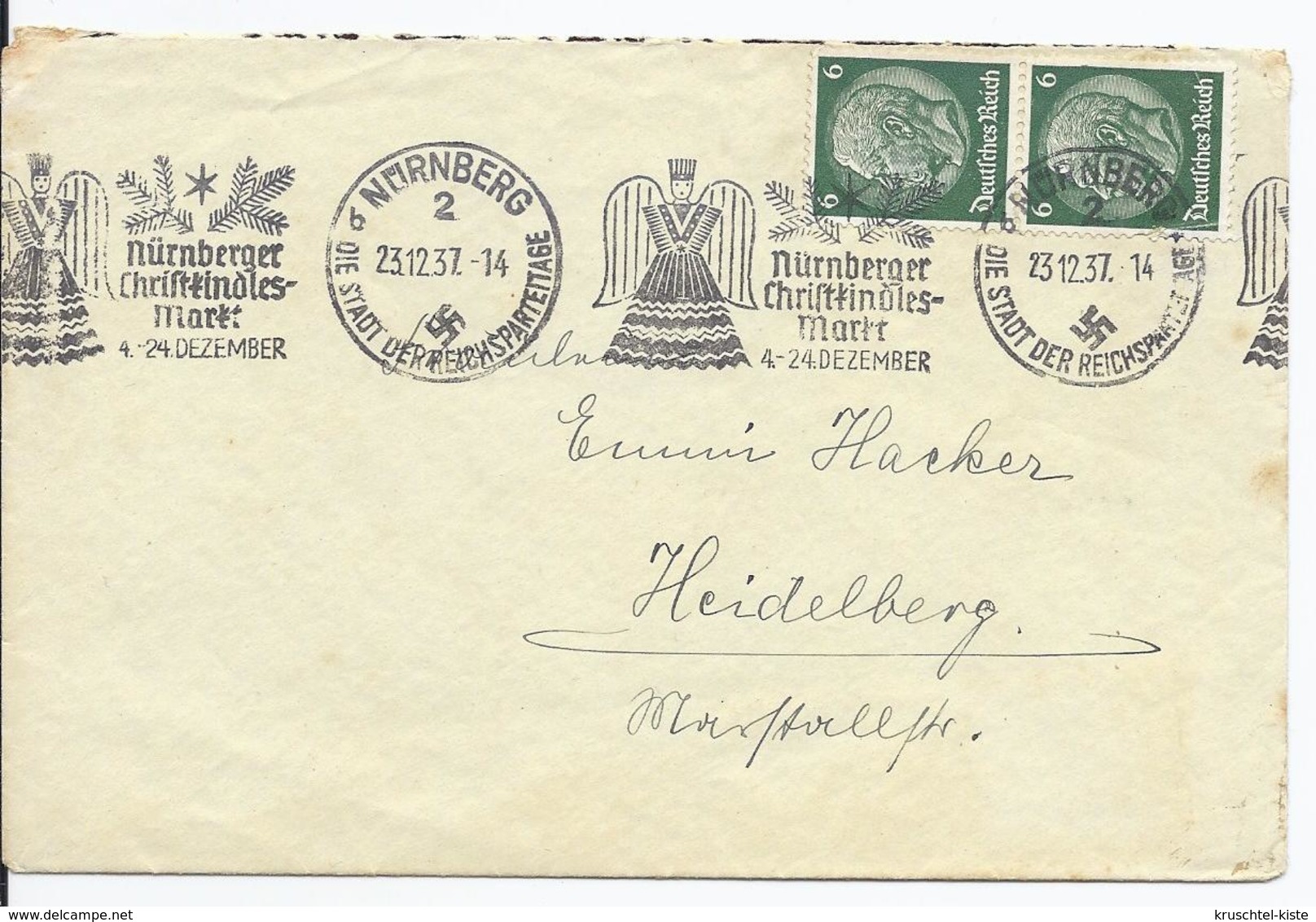 Dt.- Reich (002908) Brief Mit Postwerbestempel "Nürnberger Christkindles Markt", Gelaufen Nürnberg Am 23.12.1937 - Briefe U. Dokumente