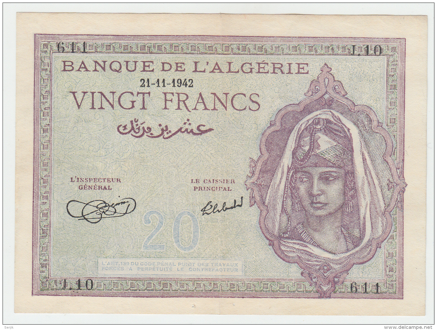 Algeria 20 Francs 1942 VF++ CRISP Banknote P 92a 92 A - Algerien