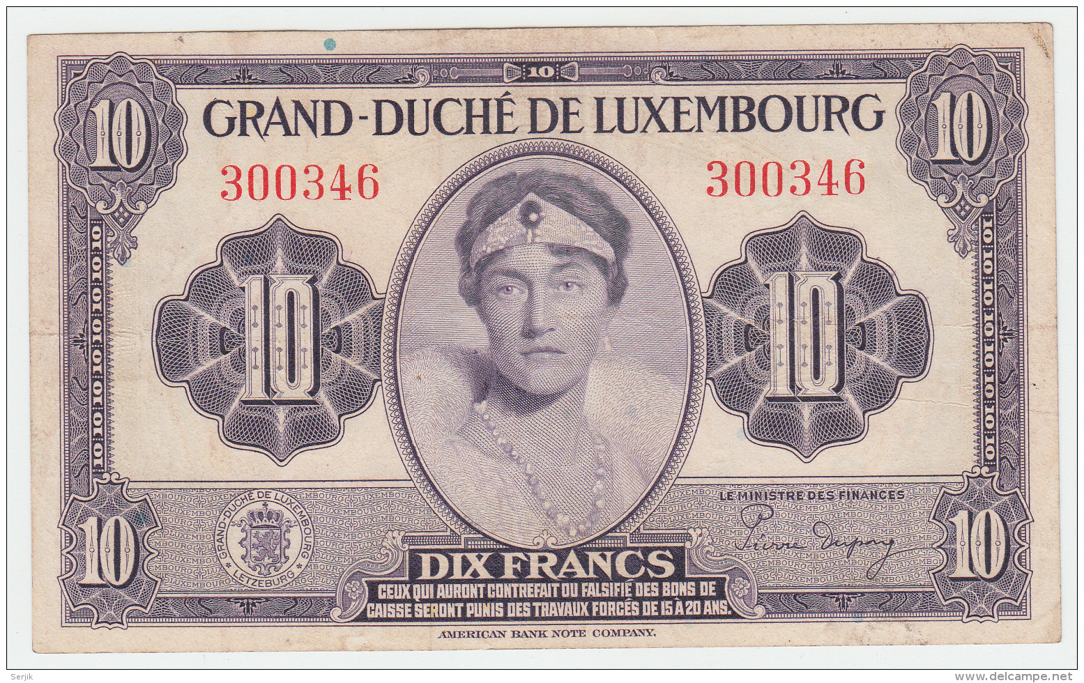 LUXEMBOURG 10 FRANCS 1944 VF+ Pick 44 - Luxemburg