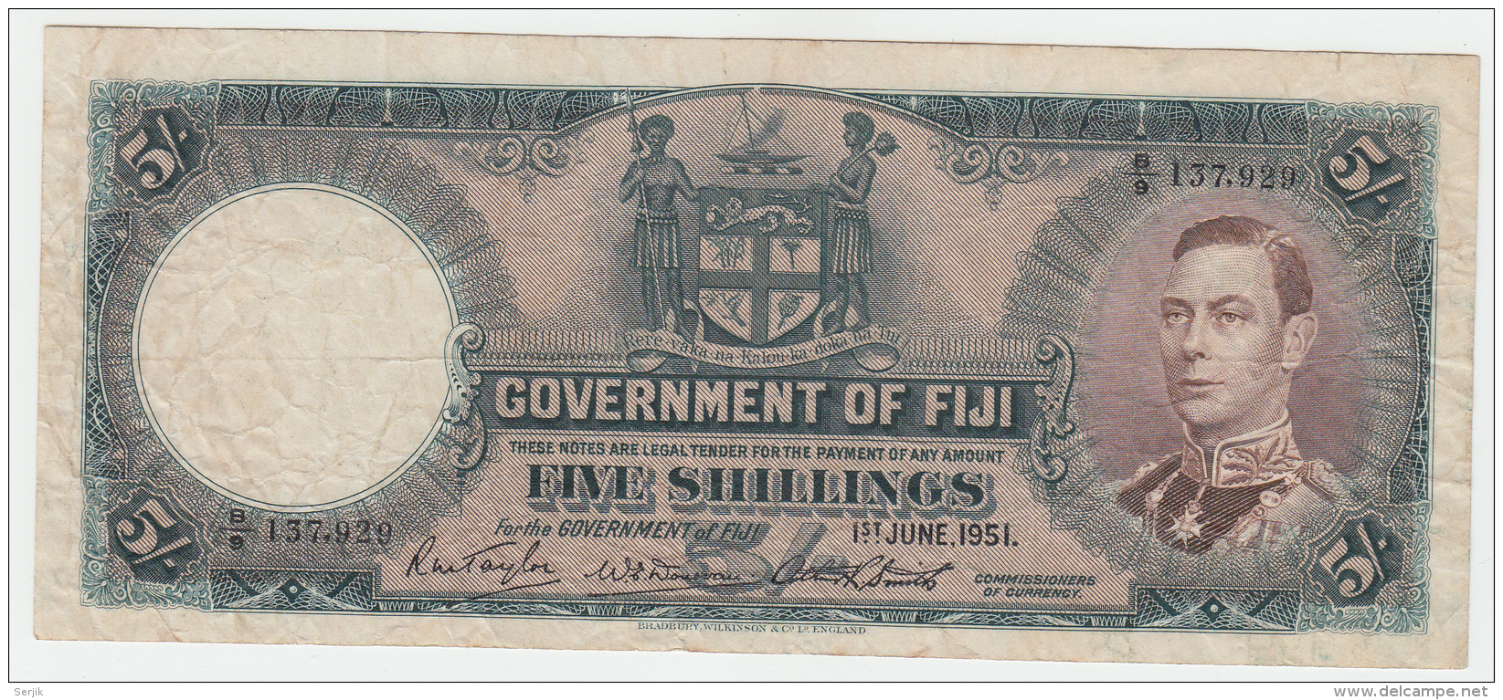 Fiji 5 Shillings 1951 F+ P 37k 37 K - Fiji