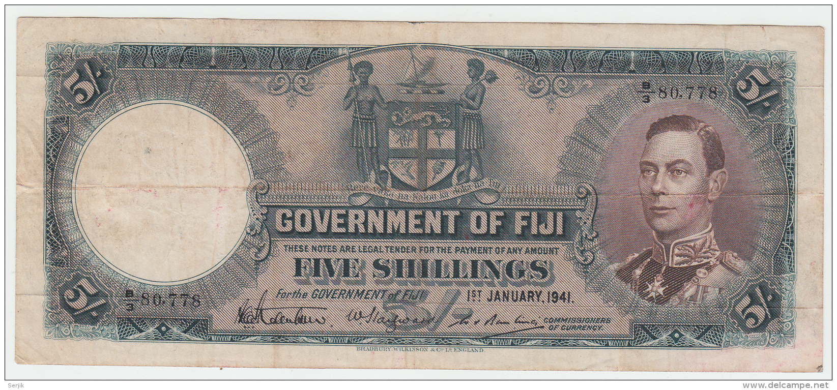 Fiji 5 Shillings 1941 RARE Banknote Pick 37d 37 D - Fiji