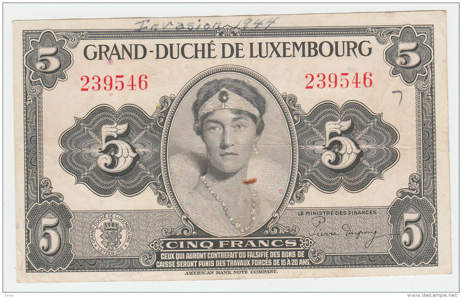 LUXEMBOURG 5 FRANCS 1944 VF+ Pick 43a 43 A - Luxembourg