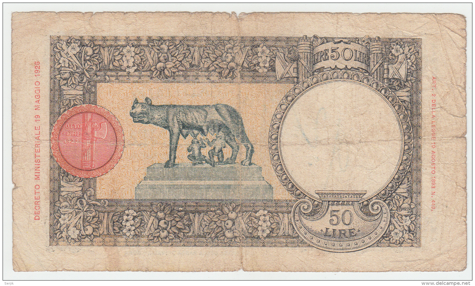 Italy 50 Lire 1940 VG Banknote Pick 54b 54 B - 50 Liras