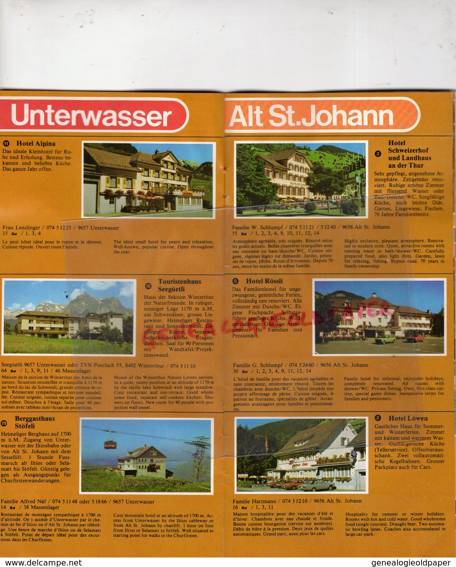 SUISSE - WILDHAUS UNTERWASSER ALT ST JOHANN-DEPLIANT TOURISTIQUE HAUT TOGGENBOURG-HOTEL ACKER-HIRSCHEN-ALPENROSE- - Dépliants Touristiques