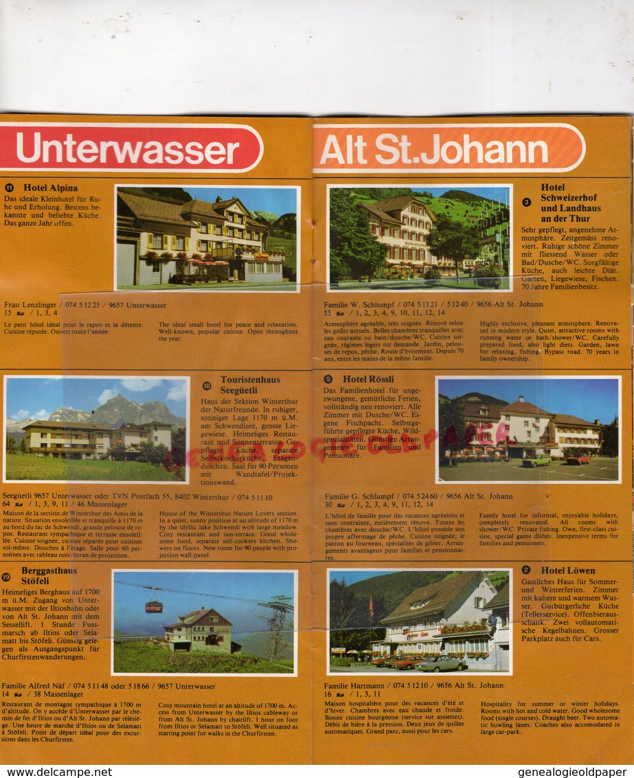 SUISSE - WILDHAUS UNTERWASSER ALT ST JOHANN-DEPLIANT TOURISTIQUE HAUT TOGGENBOURG-HOTEL ACKER-HIRSCHEN-ALPENROSE-