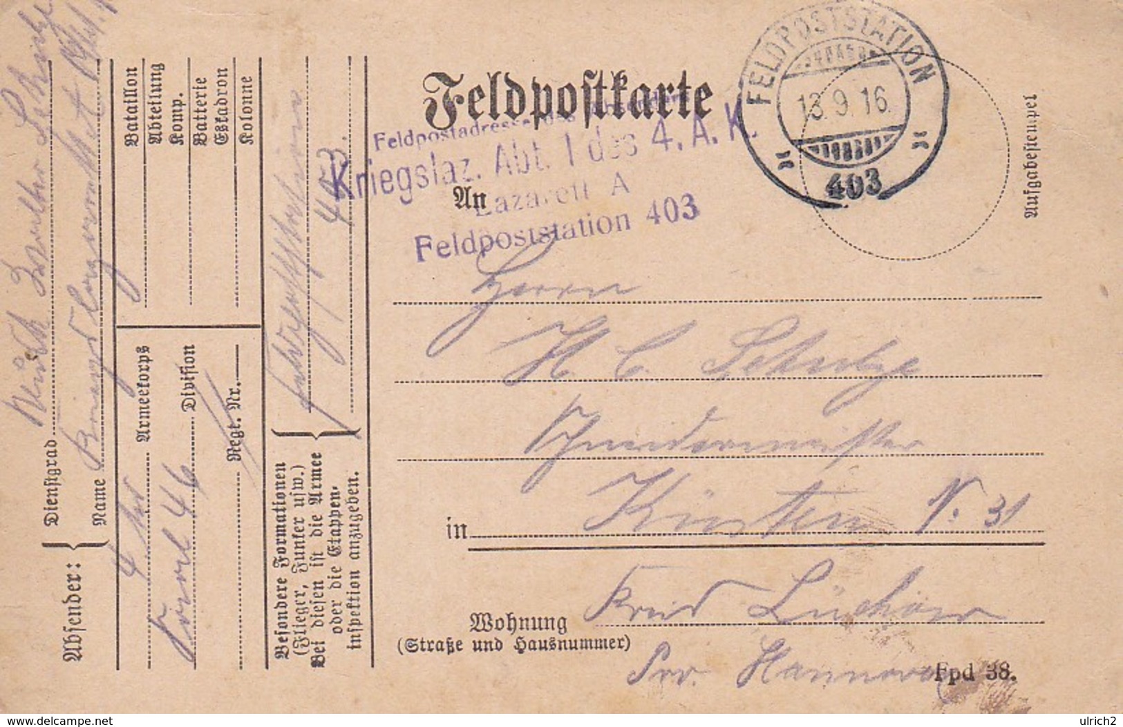 Feldpostkarte - Kriegslazarett Abt. I Des 4. A.K. Lazarett A  Nach Küsten, Kr. Lüchow - 1916  (37091) - Briefe U. Dokumente