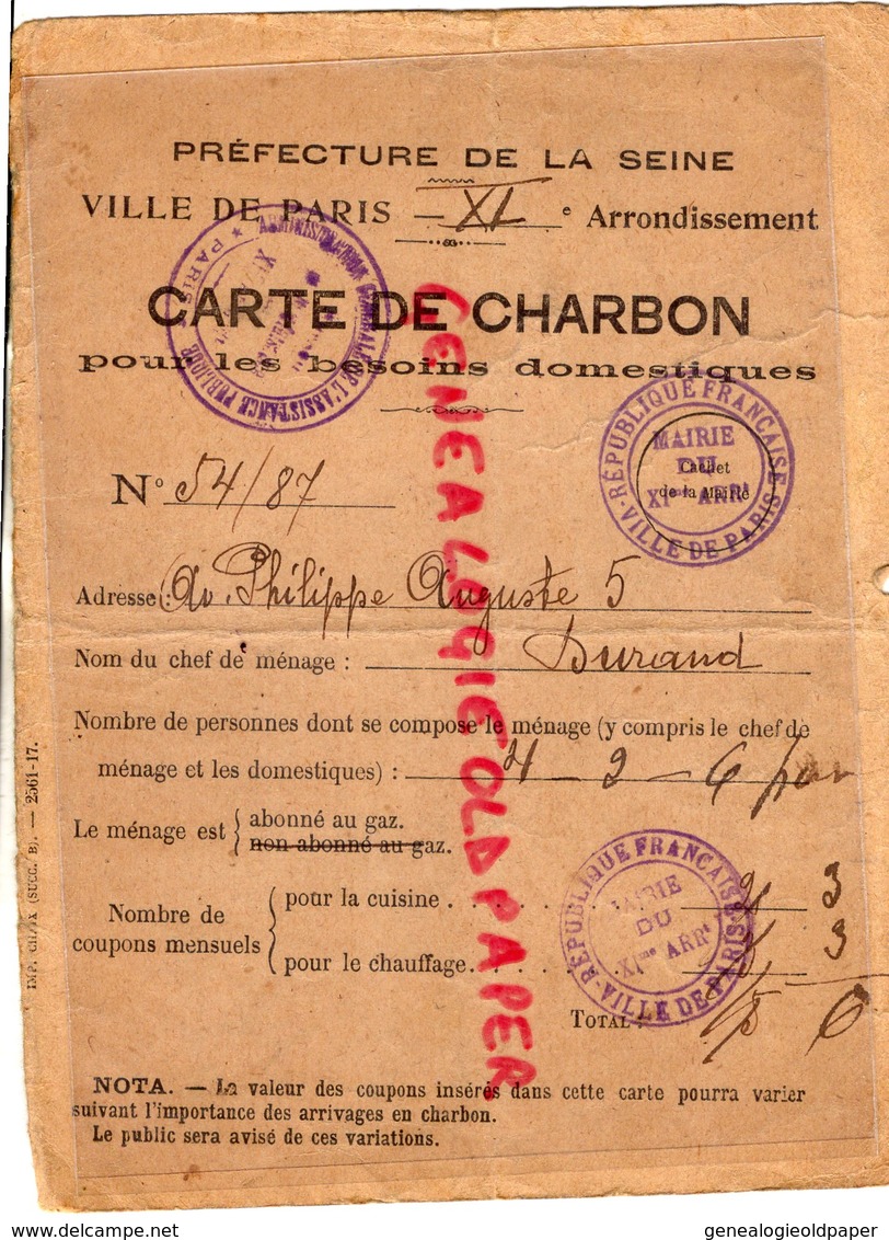 75- X E - RARE CARTE DE CHARBON 1918-1921- M. DURAND- 5 AVENUE PHILIPPE AUGUSTE- - Documents Historiques