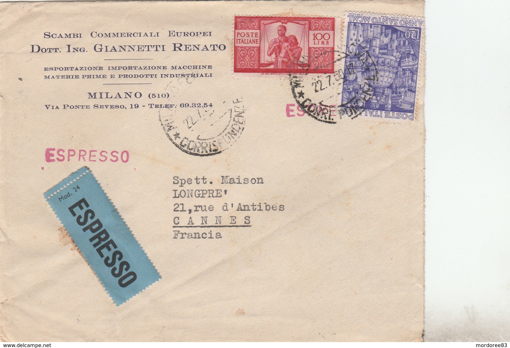 ITALIE YT 503 + 558 SUR LETTRE ESPRESSO ENTETE R. GIANNETTI MILANO 22/7/50 POUR CANNES FRANCE - 1946-60: Storia Postale