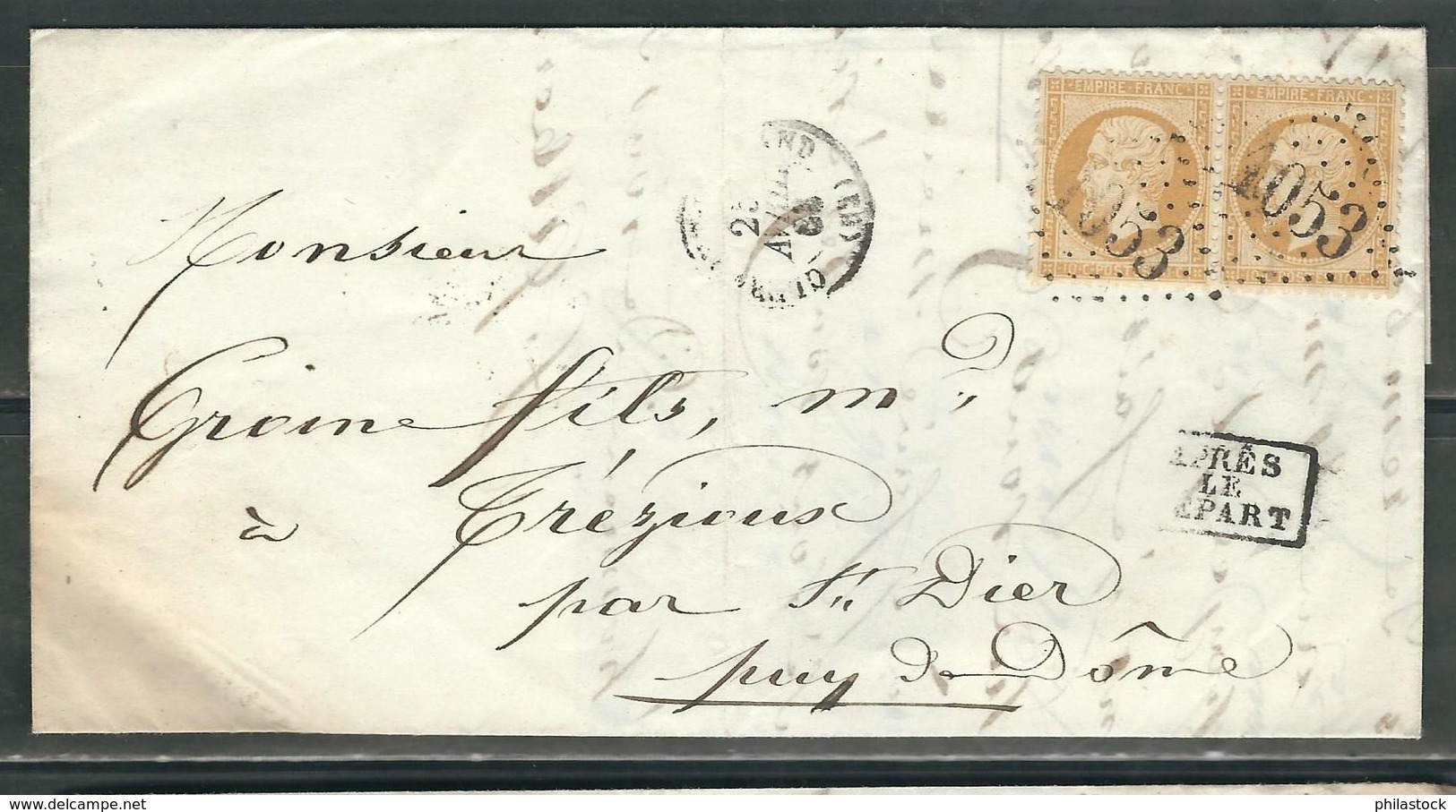FRANCE 1863 N° 21 Paire   S/Lettre Obl. GC 1053 Clermont Ferrand - 1862 Napoléon III