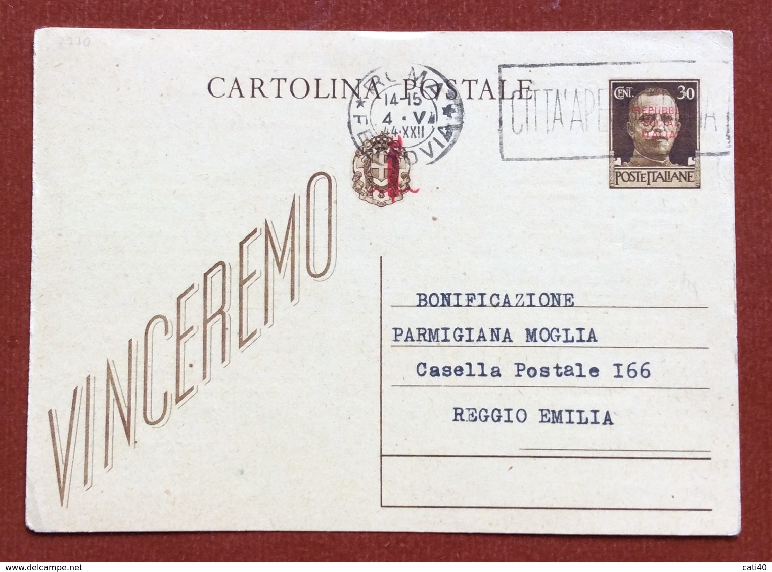 CARTOLINA POSTALE REPUBBLICA SOCIALE 30 C. VINCEREMO  SOVRASTAMPATA  CON STAMPA PRIVATA SOC.GEOGRAFICA ITALIANA - Stamped Stationery