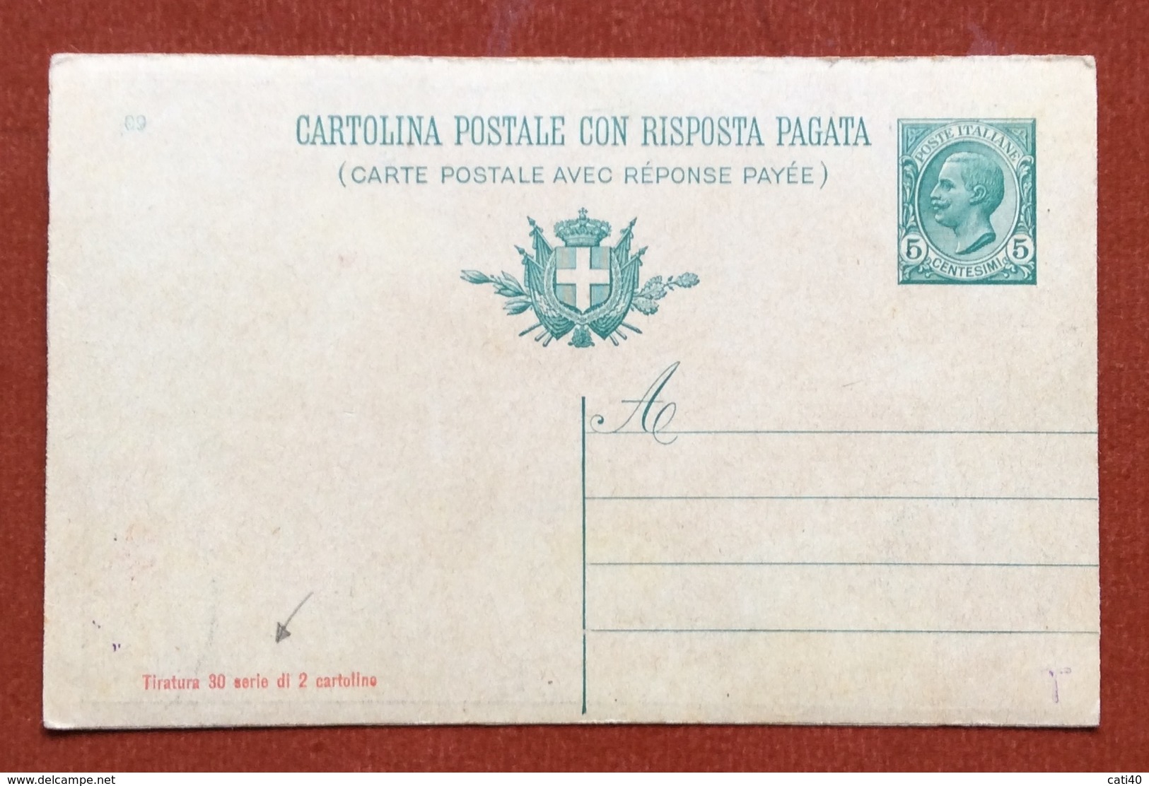 CARTOLINA POSTALE C 37/09, 5 C. LEONI STAMPA "PALESTRO". Tiratura 30 Esemplari. Rara. - Postwaardestukken