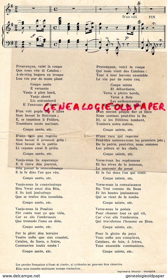 83- TOULON-13-MARSEILLE-RARE PARTITION MUSIQUE COUPO SANTO FREDERIC MISTRAL-JULES CHASTAN-MAISON CARBONEL-F. LAJUNIES - Partituras