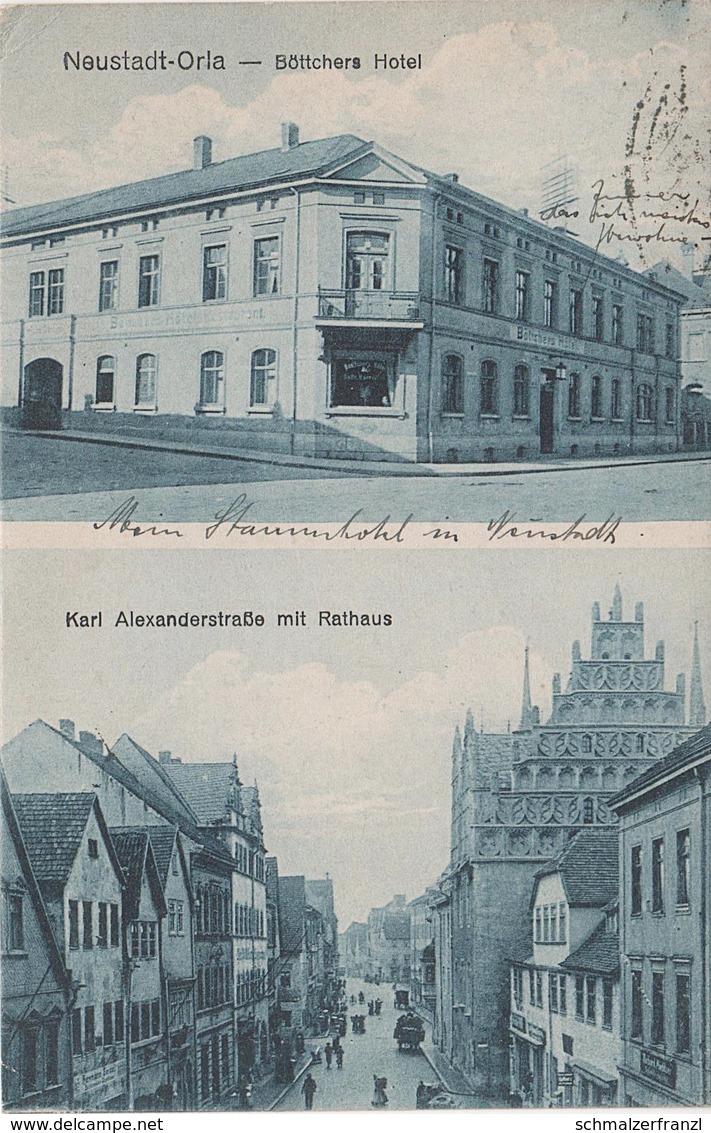 AK Neustadt Orla Böttchers Hotel Böttcher Karl Alexanderstraße Carl Alexander Straße A Lausnitz Linda Rosendorf Bahnpost - Neustadt / Orla