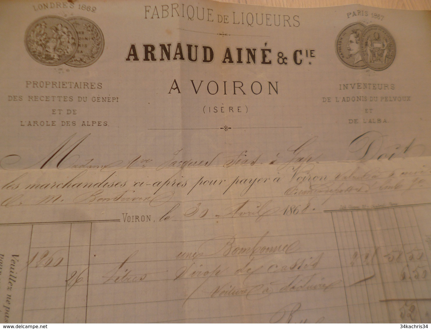 Facture Illustrée Voiron Isère 1868 Arnaud Ainé Fabrique De Liqueurs Génépi Arole Des Alpes Adonis Alba - Lebensmittel