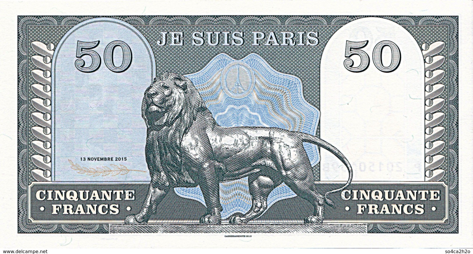 France 50 Francs Vert 13 Novembre 2015  Je Suis Paris  UNC - Fictifs & Spécimens