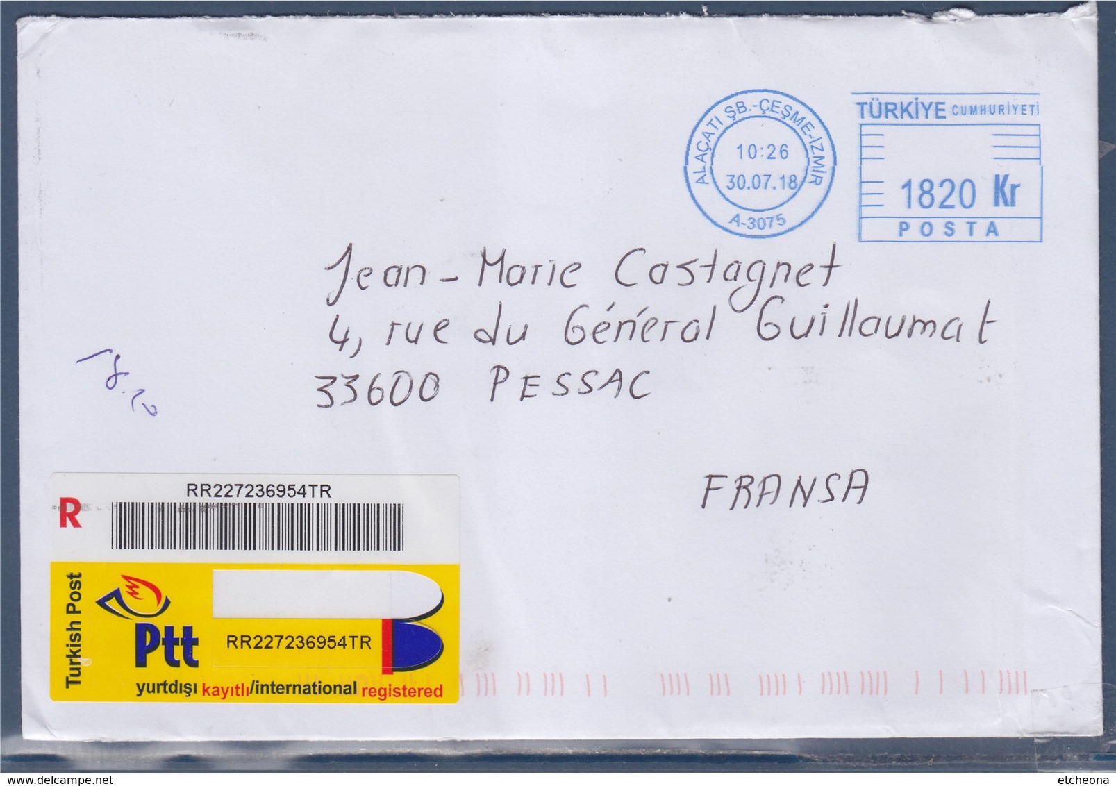 = Enveloppe Recommandée De Turqie à Pessac Istamboul 30.07.18 Machine à Affranchir 1820 Kr - Covers & Documents